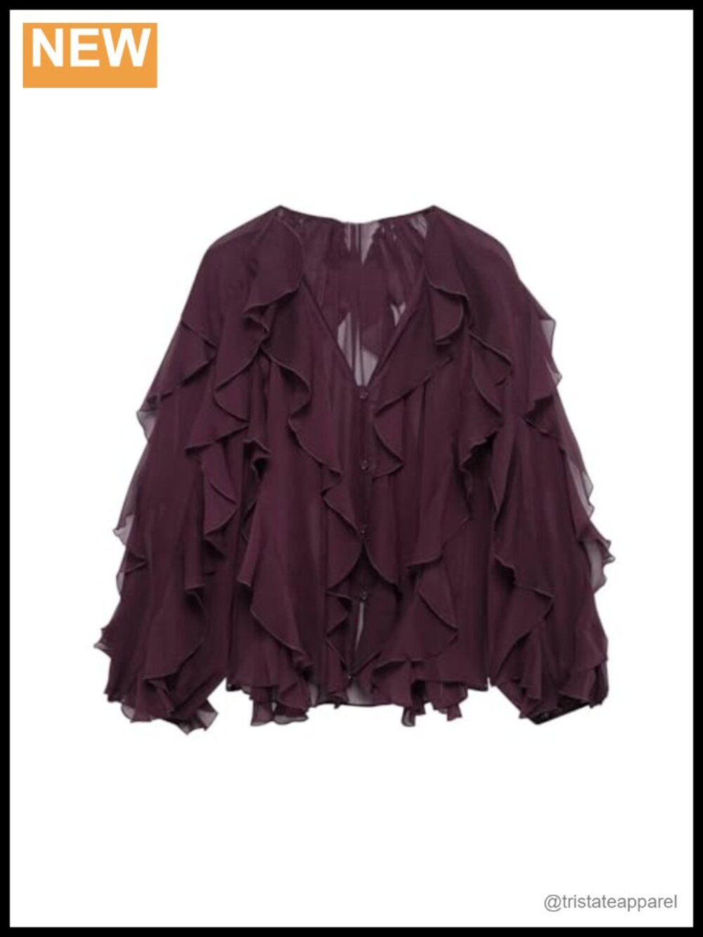 Chiffon Long Sleeve Blouse with Ruffle Front V Neck Button Down